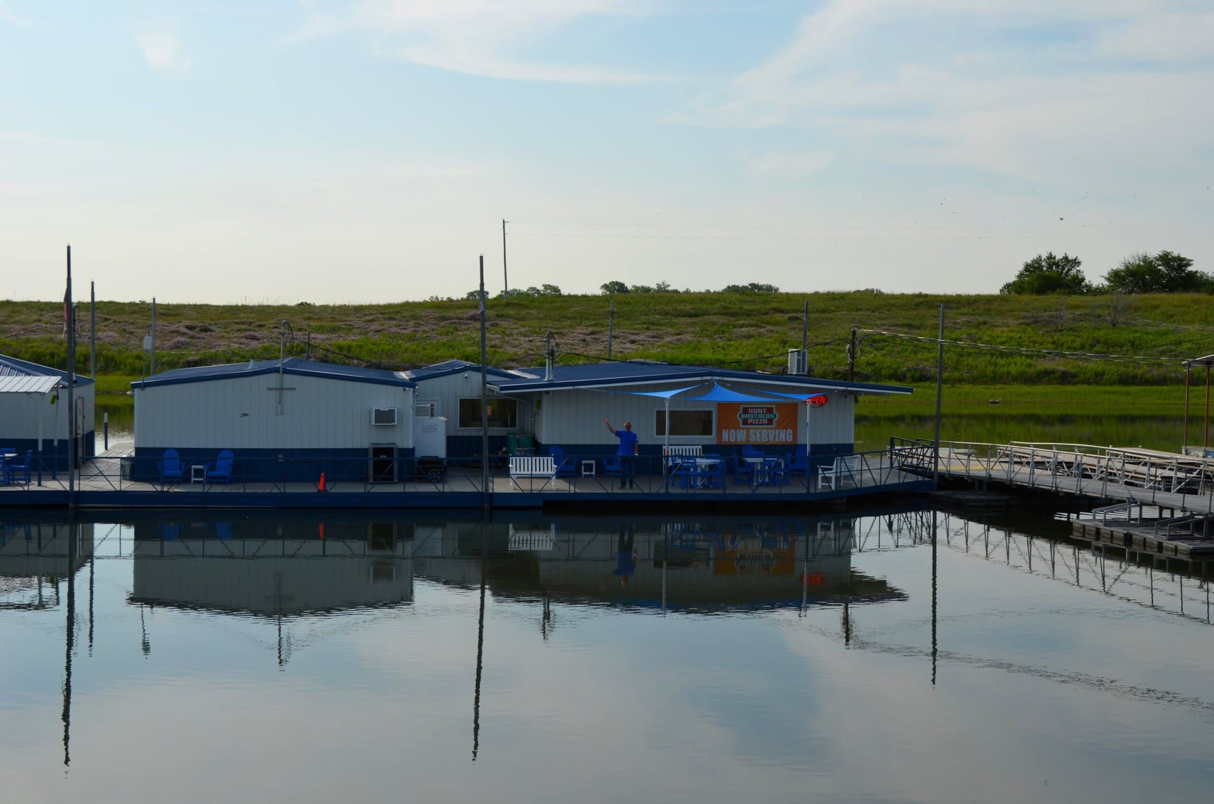 Marina store and docks on still water